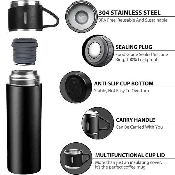 Vacuum Flask Gift Set – Stainless Steel Hot & Cold Thermos with Cups (Insulated Travel Set)