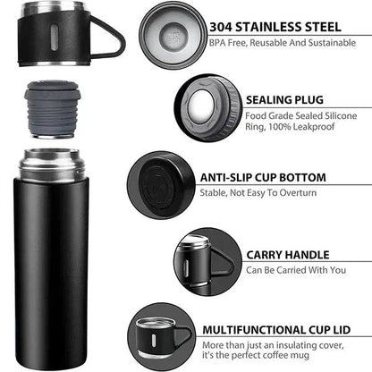 Vacuum Flask Gift Set – Stainless Steel Hot & Cold Thermos with Cups (Insulated Travel Set)